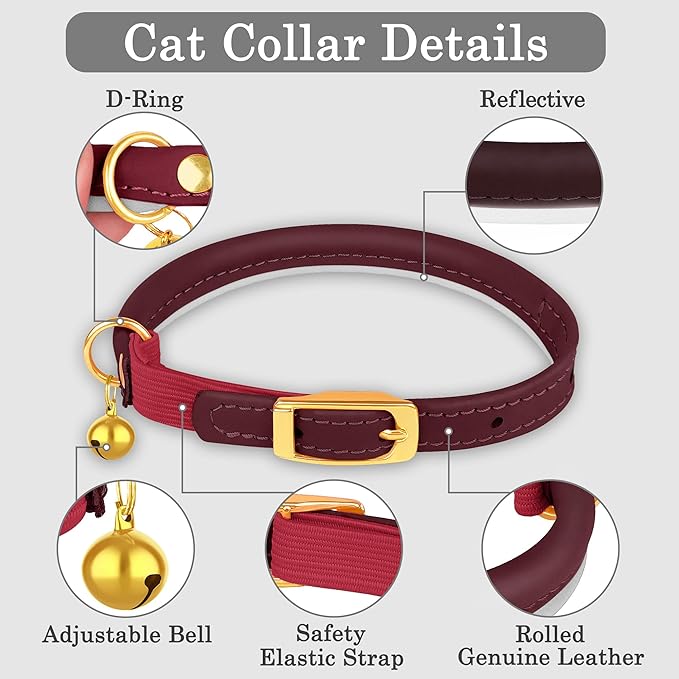 OOPSDOGGY Rolled Leather Cat Collar with Bell - Reflective Kitten Collar with Safety Elastic Strap - Adjustable Small Pet Collars for Boy Girl Cats (Burgundy)
