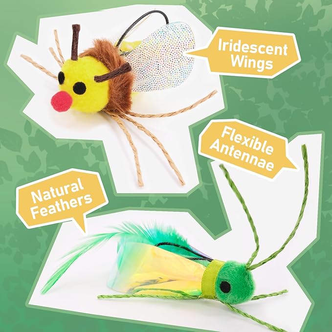 SONGWAY Cat Bug Toy Wand - Insect Interactive Cat Toys with Retractable Teaser Wand and 4 Pcs Bug Toy Feather Replacements for Cats Kittens