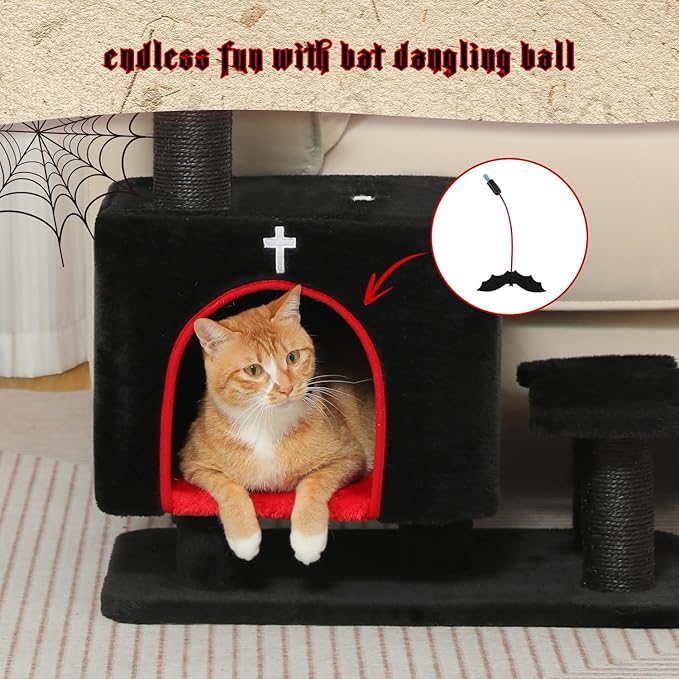 Gothic 3-in-1 Dog Stairs & Cat Scratching Post with Condo - Pet Steps for High Beds, Sofa & Couch, 3-Tier Cat Tower with Sisal Scratching Pad for Small Dogs, Cats & Kittens, Black