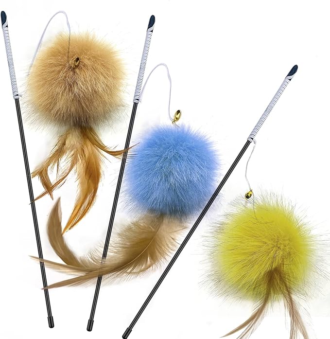 Cat Toys - Rainbow Wand, Feather Flips Plush Ball, Interactive Feather Teaser for Kitten Exercise - 3 Pack