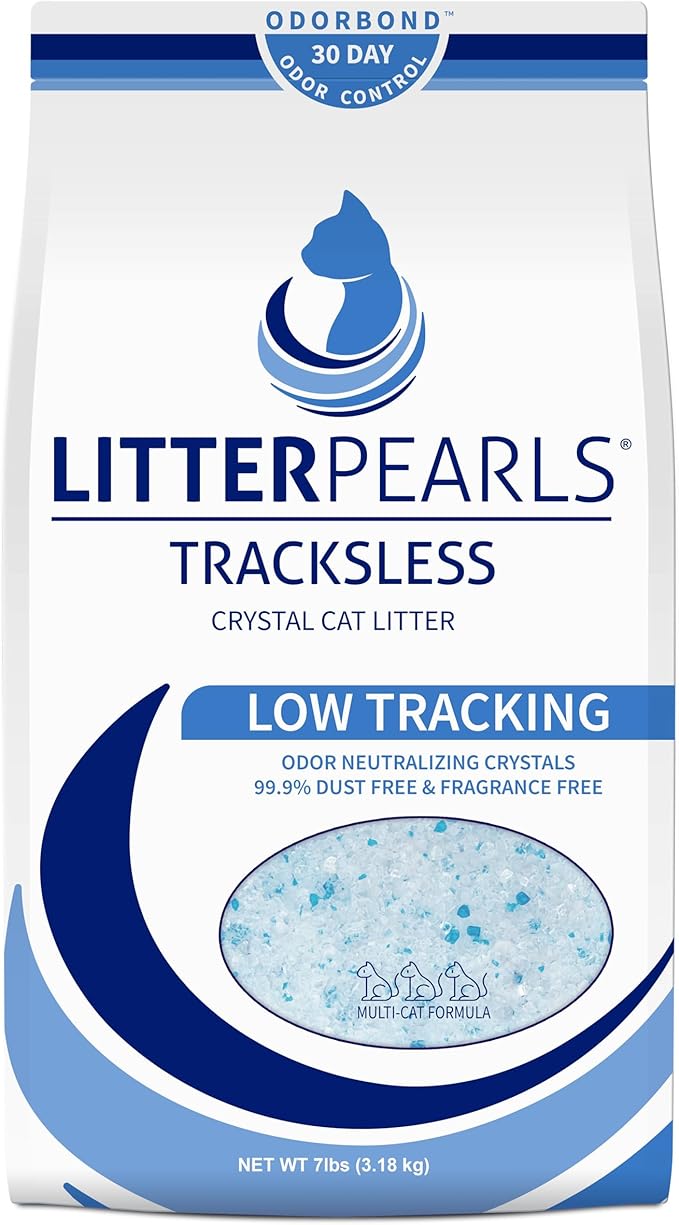 Litter Pearls Tracksless Unscented Non-Clumping Crystal Cat Litter with Odorbond, 7 lb, White, Clear and Blue Crystals