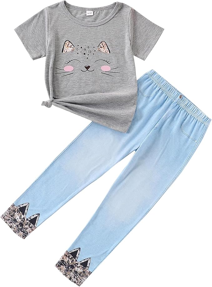 4-8T Toddler Girl Clothes Cat face print Short Sleeve Top+Pants Outfits Girl Spring and summer 2-Piece Set