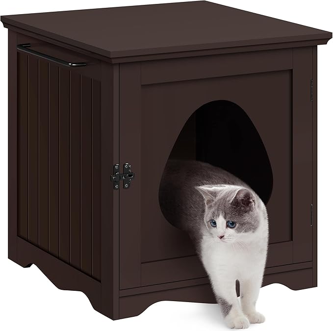 Yaheetech Cat Litter Box Enclosure, Litter Box Furniture Hidden with Towel Bar, Wooden Pet Washroom, Dog Proof Cat Litter Box Cabinet, Indoor Pet House, Side End Table, Espresso