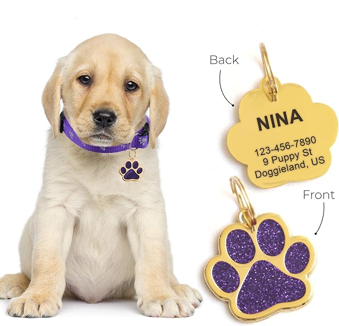Paw Shape Dog ID Tag Stainless Steel Custom Laser Engraved, Cute Bling Glitter Pet Name Tags Personalized with Durable Engraving (Gold Sparkly Paw)