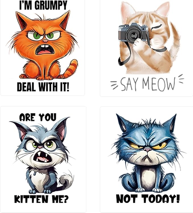 4pcs Angry Cat Pets Iron On Heat Transfer Stickers Ready to Press Vinyl Decal Patches for Jeans T-Shirt Jackets Backpacks Pillows DIY Appliques Decor