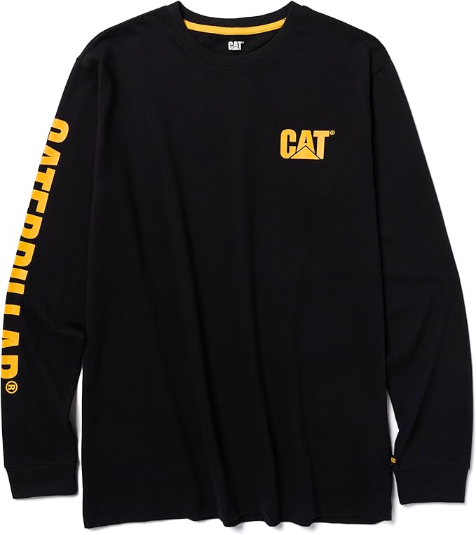 Caterpillar Trademark Banner Long Sleeve Tee Shirts for Men with Center Back Neck Wire Management Loop and Cat Workwear Logo