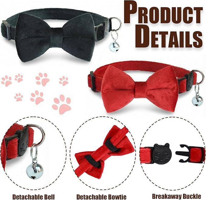 Leezmark 6 Pack Cat Collars with Bow Tie and Bell, Velvet Cat Collars with Bowtie, Adjustable 7-11 inch Cat Bow Tie Collar for Kitty Kitten Adult Cats, Pet Supplies Accessories