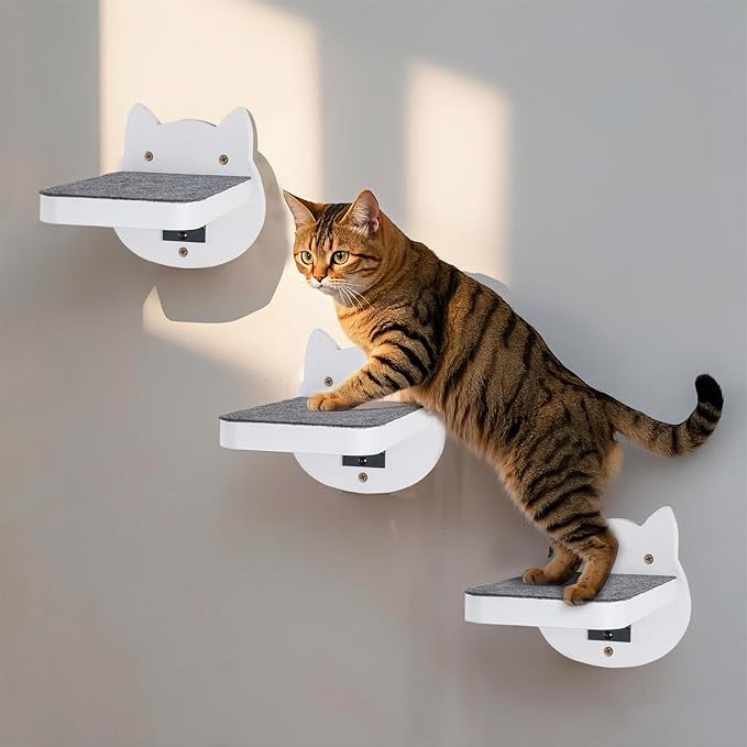 ESPETS White Painted Wooden Cat Wall Floating Steps Set of 3 - Wall Mounted Cat Floating Furniture Shelves and Perches, Sturdy Climber Stairs Ladders - Holds up 30lbs