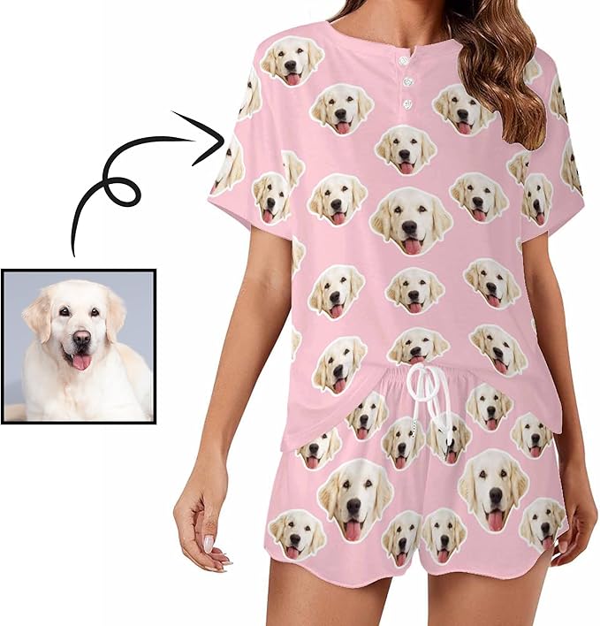 Custom Short Pajamas Set with Face Photo Women‘s Sleepwear Tee Personalized PJ Short Loungewear Set fot Her