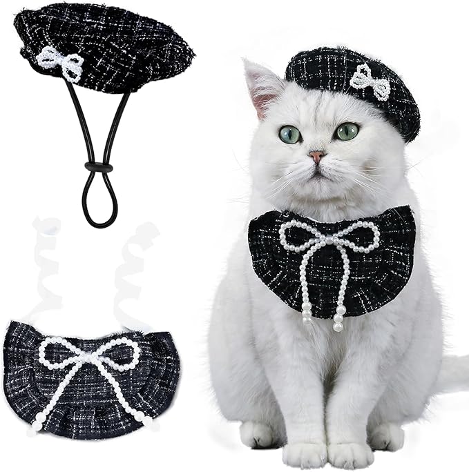 HOWWFALY 2PCS Cat Beret Hat with Pearl Bowtie, Adjustable Bandana Scarf Set Pet Princess Costume for Halloween Christmas, Cat Dog Birthday Party Apparel(Black Pearl)