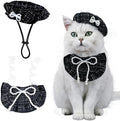 HOWWFALY 2PCS Cat Beret Hat with Pearl Bowtie, Adjustable Bandana Scarf Set Pet Princess Costume for Halloween Christmas, Cat Dog Birthday Party Apparel(Black Pearl)