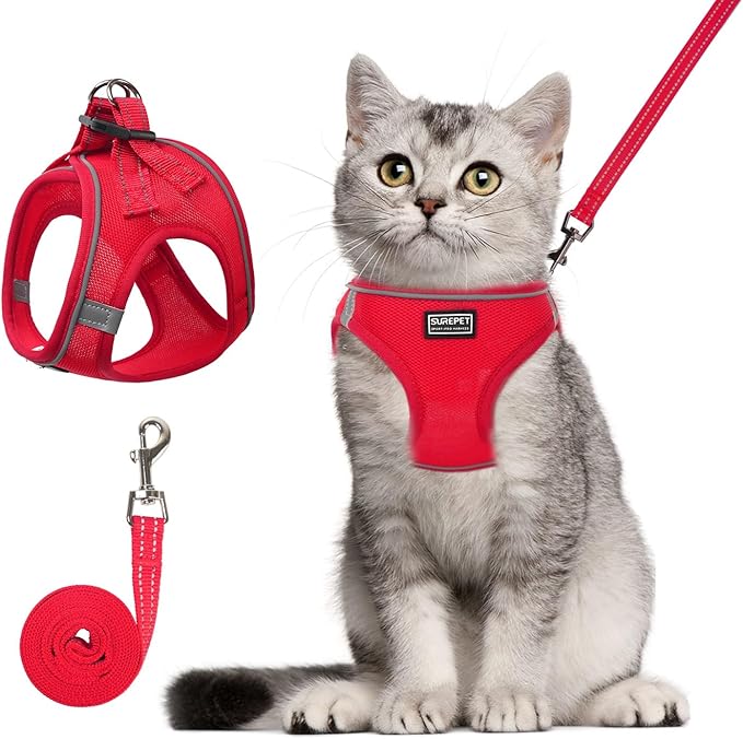 Cat Harness and Leash Set, Soft and Breathable Vest with Reflective Strip, Escape Proof Kitten Harness, Easy to Wear for Cats Walking and Traveling (Red, S)