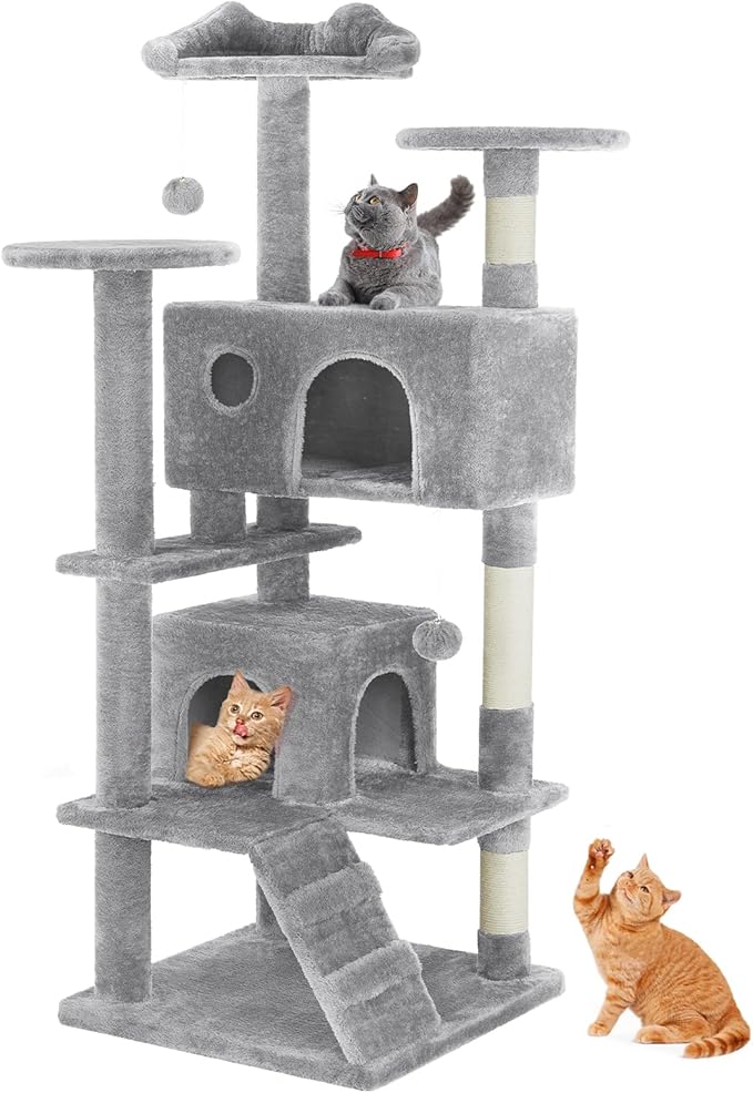 Sweetcrispy 54 Inch Cat Tree Tower, Multi-Level Tower with Cat Scratching Post, Indoor Cat Condo with Climbing Ladder, Plush Toy, Play House for Cat, Light Grey