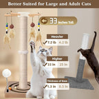 Tall Cat Scratching Post, 33 Inches, Sisal, Interactive Furniture Toys for Indoor Cats Adults, 2 Mounting Methods Large Scratcher Tree Tower with Hanging and Ball Track, Activity Center for All Ages
