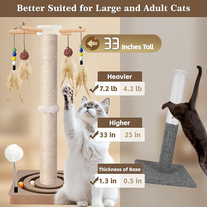 Tall Cat Scratching Post, 33 Inches, Sisal, Interactive Furniture Toys for Indoor Cats Adults, 2 Mounting Methods Large Scratcher Tree Tower with Hanging and Ball Track, Activity Center for All Ages