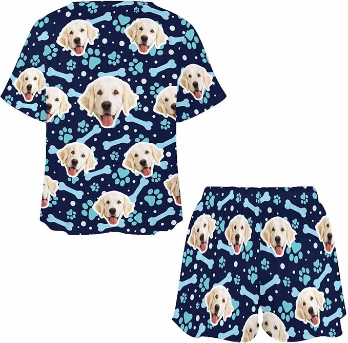 D-Story Custom Short Pajama Set with Pet Face Personalized Photo Sleepwear 2 Pieces Pjs Nightwear Xmas Gift for Women