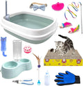 Kitten Starter Kit - 15 Piece Cat Essentials Set Includes Litter Box, Toys, Collars, Scratch Pad, Nail File, Automatic Feed Bowls, Grooming Gloves