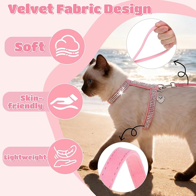 EXPAWLORER Cat Harness and Leash Set - Escape Proof Adjustable Cat Harness, H-shped Comfortable Soft Lightweight Kitten Harness for Outdoor Walking, for Small Medium Cats,Pink Rhinestones S