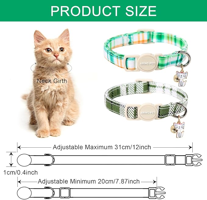ARING PET 2 Pack Cat Collar-Cute Cotton Cat Collar with Bell & Pendant, Adjustable Spring Kitten Collars with Safety Buckle for Girl and Boy Pets