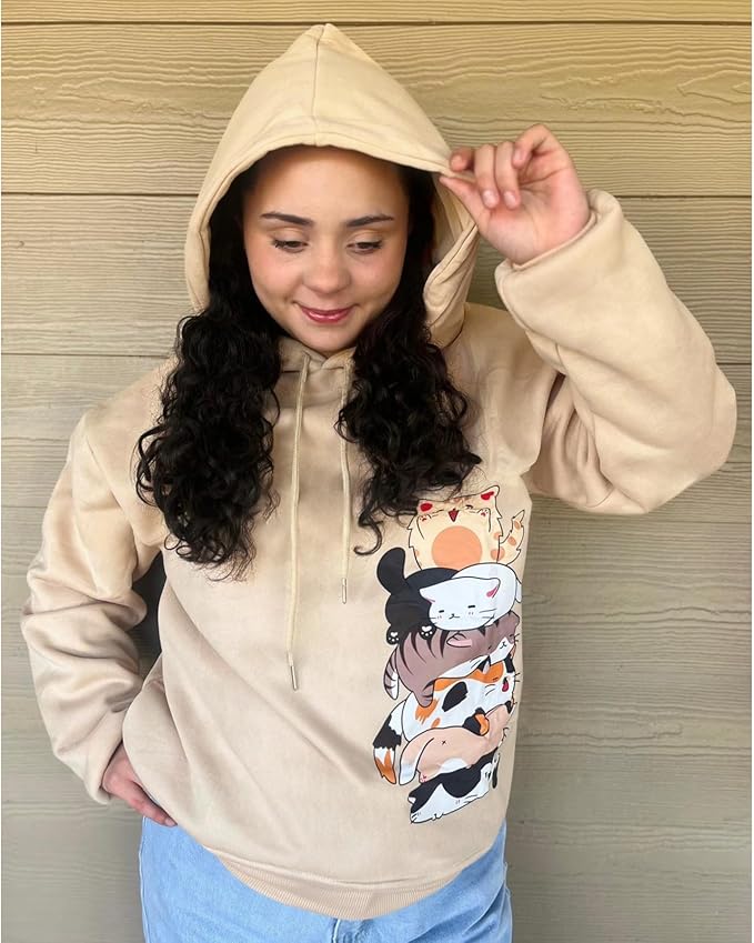 Tuislay Cute Cat Graphic Hoodies for Teen Girls Kawaii Cartoon Printed Hoodie Women Anime Print Hooded Sweatshirt Pullover