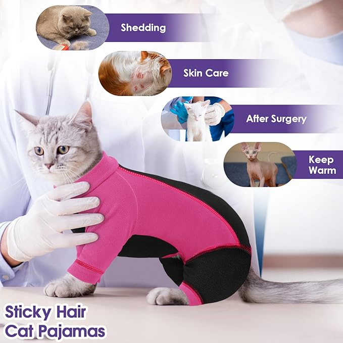 SUNFURA Hair Sticky Cat Clothes, Cat Sweater for Cats Only, 4-Legged Fleece Sweaters Kitten Pajamas Reduce Shedding Fur, Warm Pullover Shirts for Cats, Pink S