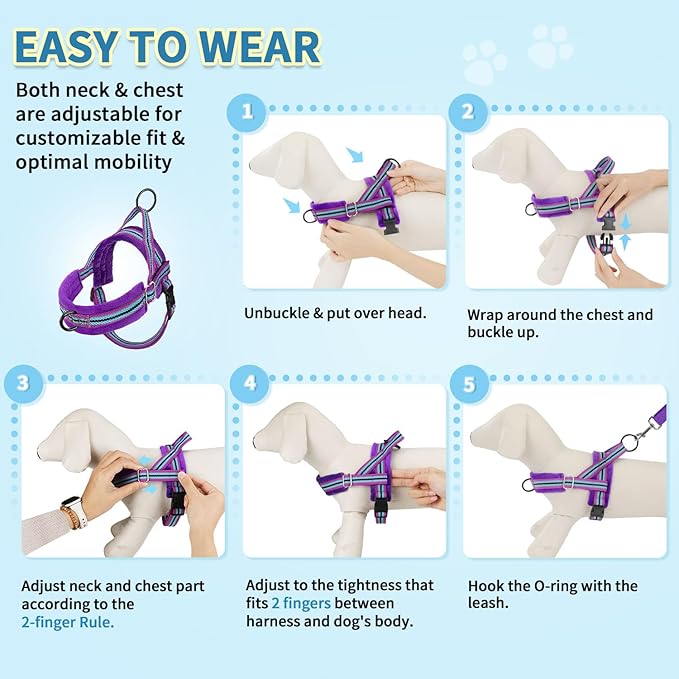 SlowTon No Pull Small Dog Harness and Leash Set, Puppy Soft Vest Harness Neck & Chest Adjustable, Reflective Lightweight Harness & Anti-Twist Pet Lead Combo for Small Medium Dogs (PU-Front Clip, XS)