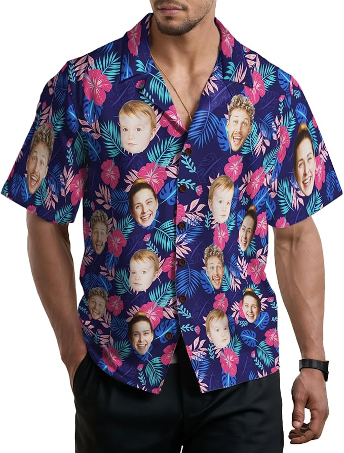 Custom Hawaiian Shirt with Face for Men, Unisex Tropical Beach Shirts Personalized Casual Funny Hawaii Button Down Shirts