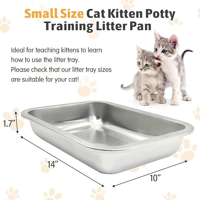 Fhiny 4Pack Stainless Steel Kitten Litter Box, Small Size Low Entry Metal Cat Open Litter Pan Potty Kitten Training Toilet Odor Control Smooth Surface (L: 14" L×10" W×1.7" H)
