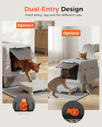 GTPLAYER XXXL Stainless Steel Cat Litter Box with Lid, Dual-Entry Enclosed Litterbox (Front Entry & Top Exit), High-Sided, Non-Stick, Odor Control, for Big Cats, with Mat, Scoop & Step, Grey