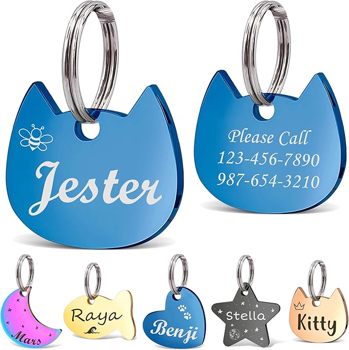 Anavia Small Size Dog Cat ID Tags, Small/XS Personalized Color Plated Stainless Steel Puppy Kitten Name Tags, Customized Engraved Nameplate Pet Collar Tag (Blue, Cat Head)