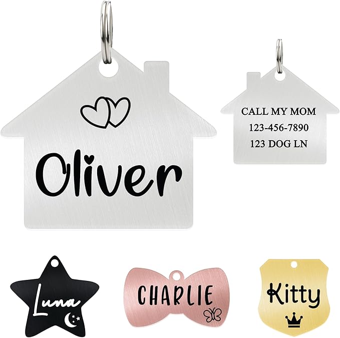 Ultra Joys Cat ID Tag Personalized Pet Tags, Durable Stainless Steel Small Pet Mini Dog Cat Tag Lightweight - House Tag in Silver