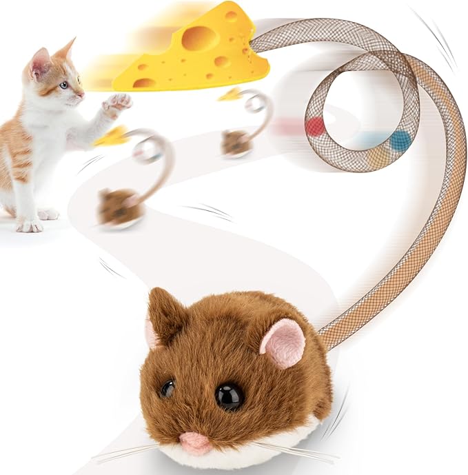 Migipaws Interactive MigiMouse Cat Toy 360° Rolling & Spin with Wiggling Tail for Indoor Cats Smart Motion Sensor, Realistic Squeak, Rechargeable Plush Kitten Toy (Brown)