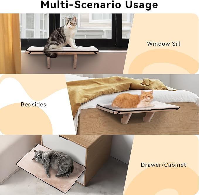 PETSFIT Cat Window Perch for 2 Cats, Adjustable Cat Hammock with Removable Fleece Mat, Natural Solid Wood Design, Easy to Assemble Window Perch for Large Cats, Fits Windowsill, Bedside & Drawer