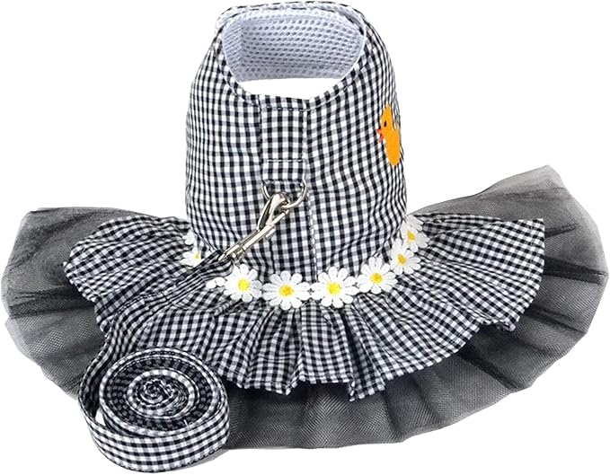 Small Dog Dress with Leash Set Adjustable Dog Harness Dress with D Ring Breathable Walk Doggie Outfits for Puppy Girl and Cat (S,Black)