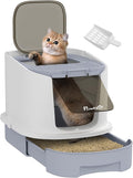 PawHut Cat Litter Box with Lid, Covered Kitty Litter Box Enclosed with Scoop, Drawer, Top Entry, Deodorizing Bags, Easy to Clean, Odor Control, Gray