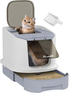 PawHut Cat Litter Box with Lid, Covered Kitty Litter Box Enclosed with Scoop, Drawer, Top Entry, Deodorizing Bags, Easy to Clean, Odor Control, Gray