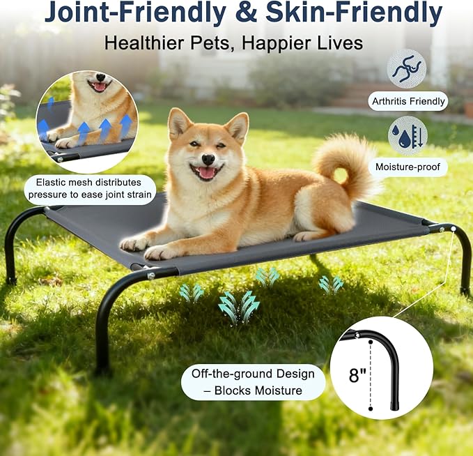 SZEE Raised Dog Bed with Detachable 2-Sided Cooling/Warming Waterproof Mat, Elevated Dog Cot Bed for Medium Sized Breeds with Durable Steel Frame & Sturdy Teslin Mesh, Outdoor & Indoor All-Season Use