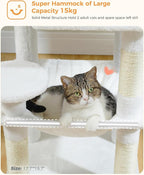 White Cat Tree for Indoor Cats, 45.7" Multi-Level Cat Tower with Large Metal Frame Hammock, Cat Condo with 4 Scratching Posts and Top Perch, White