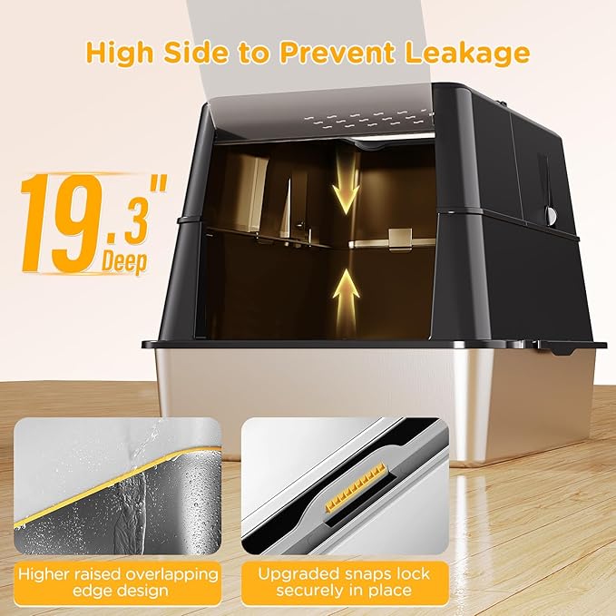 XXL Stainless Steel Litter Box with Lid, 27.5''x19.7''x19.3'', Modular Design & Flip Lid of Closed Metal Litter Box Fit All Cats, Covered High Sided Cat Box, Non-Sticky, Easy to Clean, Black