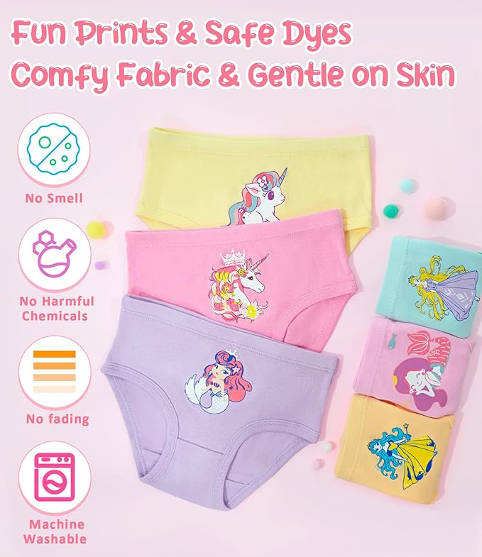 Girls and Toddlers 100% Cotton Underwear Tagless Soft Panties Size 2-3T,4-5T,6,8,10,12 (6-Pack)