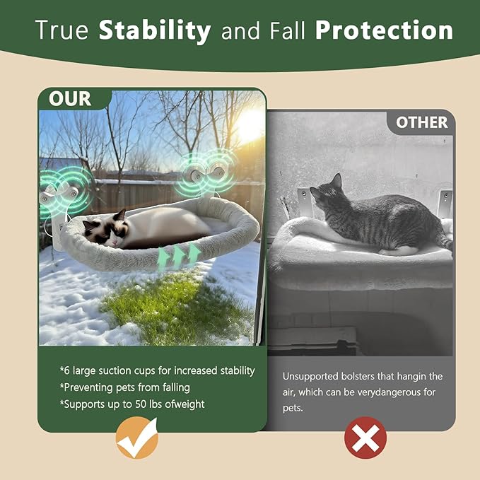 Cat Window Perch with 6 Strong Suction Cups,Mats That can be Switched Between Winter and Summer, Foldable Cordless Cat Beds Can Bear 50LBS Weight (White)