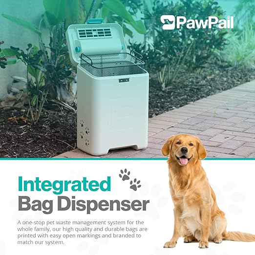 PawPail Pet Waste Station with Activated Carbon Filter and DualVent Odor Control - Outdoor Dog Poop Trash Can with 200 Dog Poop Bags - 19 Liter, Beige