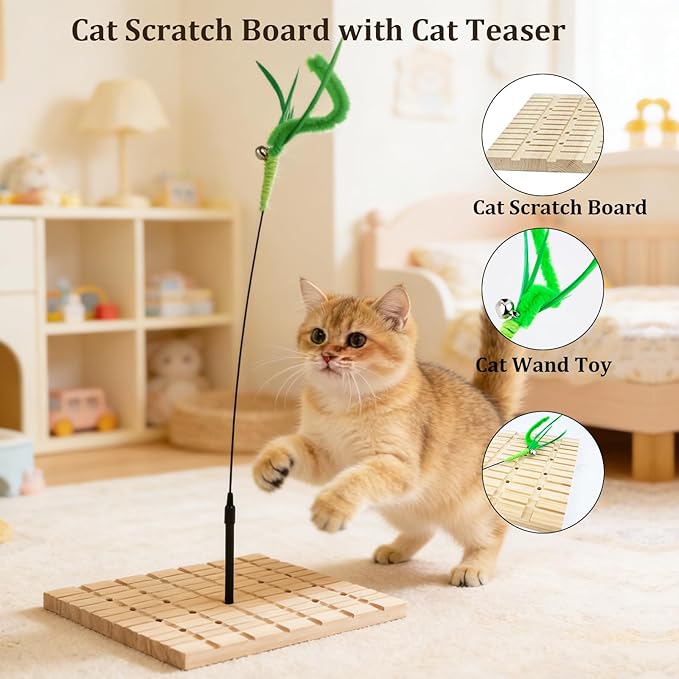 Interactive Cat Toy for Indoor Cats, Cat Scratching Board, Cat Wand Toy with Stable Wooden Base, Nail Polishing&Tooth Grinding Detachable Cat Teaser Kitty Kitten Toys Feather Spring Toy