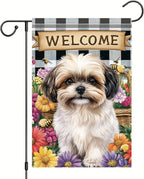 Spring Summer Garden Flag Shih Tzu Dog Flag 12x18 Inch Double-Sided Cute Puppy Yard Banner Buffalo Plaid Floral Outdoor Decor for Porch Lawn Pathway Dog Lover Housewarming