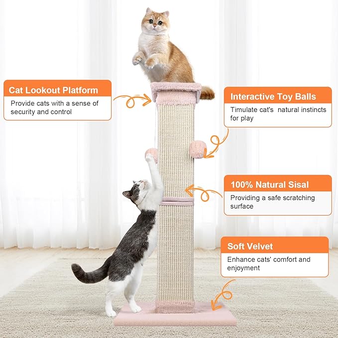 Cat Scratching Post 33 Inch Nature Sisal Cat Scratch Post for Indoor Cats, Large Cat Scratcher Protect Your Furniture Pink