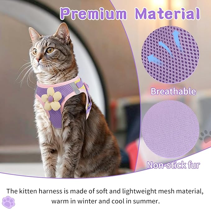 Cat Harness and Leash Set for Walking Escape Proof, Adjustable Kitten Harness Breathable Mesh with Reflective Strips Harness with Flower for Kitty Puppy Bunny Purple XS