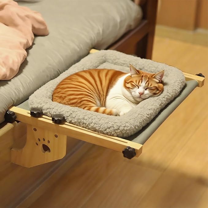 Cat Window Perch - No Drilling Renter-Safe, Adjustable Sill Fit with Sturdy Wood- Metal Frame, Washable Non-Slip Bed, Easy Assembly for Indoor Cats - Ideal for Small Spaces & Multi-Cat Homes(Gray,L)