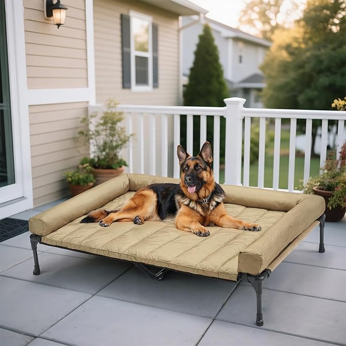 Veehoo Cooling Elevated Dog Bed Add Removable Waterproof Bolster Cushion Mat, Raised Pet Cot with Breathable Teslin Mesh, No-Slip Feet, Dog Couch Bed for Indoor Outdoor, 53 inches, Beige Coffee