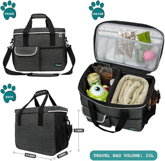 PetAmi Dog Travel Organizer with Food Container and Bowls, Weekend Camping Accessories - Charcoal, Medium