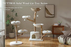 59" Modern Cat Tree Tower for Large Cats w/2 Flower Perches-Natural Solid Wood Scratching Post with Real Branch-Luxury Boho Cat Furniture w/Condo & Wicker Basket Bed, Cloud White